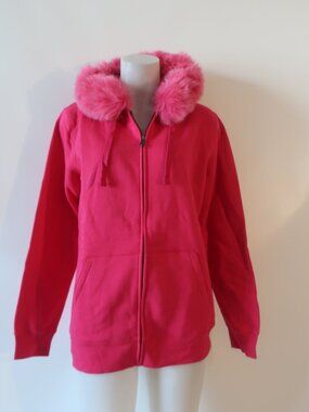 NWT Womens Regina (Item- 56) Pink Cotton Blend Fox Fur Trim Zip Hoodie Jacket M